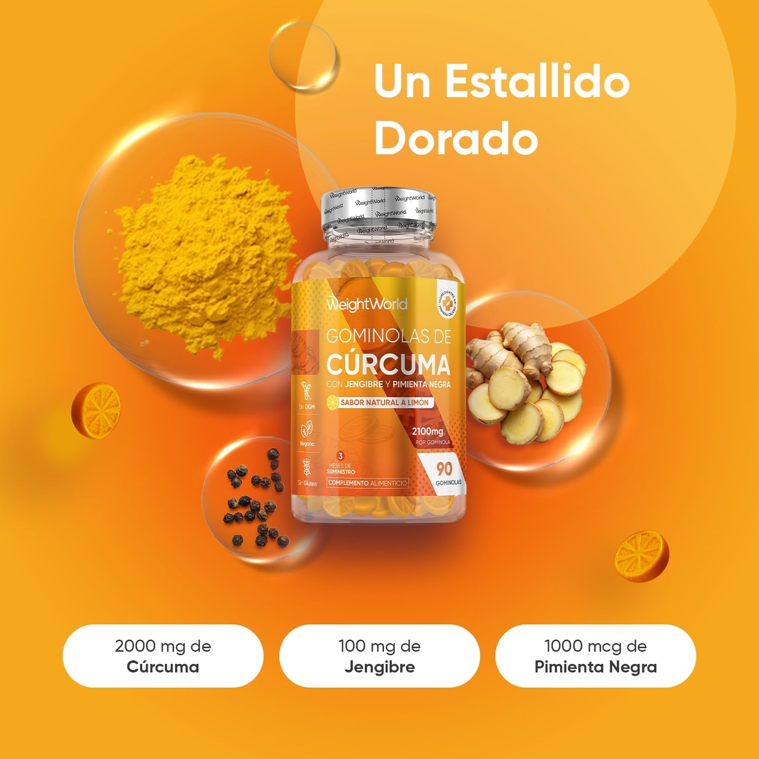 Cúrcuma Con Jengibre Y Pimienta Negra 2100Mg, 90 Gominolas Veganas, Sabor Natural a Limón - Alta Resistencia, Fuente De Curcumina Y Piperina, Potente Fuente De Vitaminas Y Minerales, Sin Gluten Ni OGM