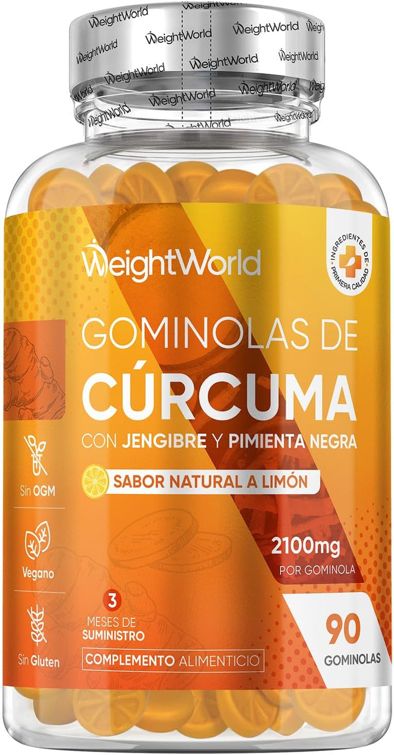 Cúrcuma Con Jengibre Y Pimienta Negra 2100Mg, 90 Gominolas Veganas, Sabor Natural a Limón - Alta Resistencia, Fuente De Curcumina Y Piperina, Potente Fuente De Vitaminas Y Minerales, Sin Gluten Ni OGM